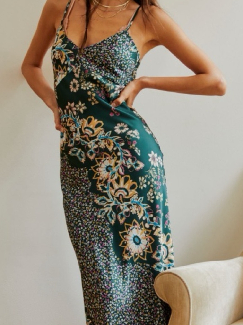 Free People Emerald Green Floral Slip Maxi Dress